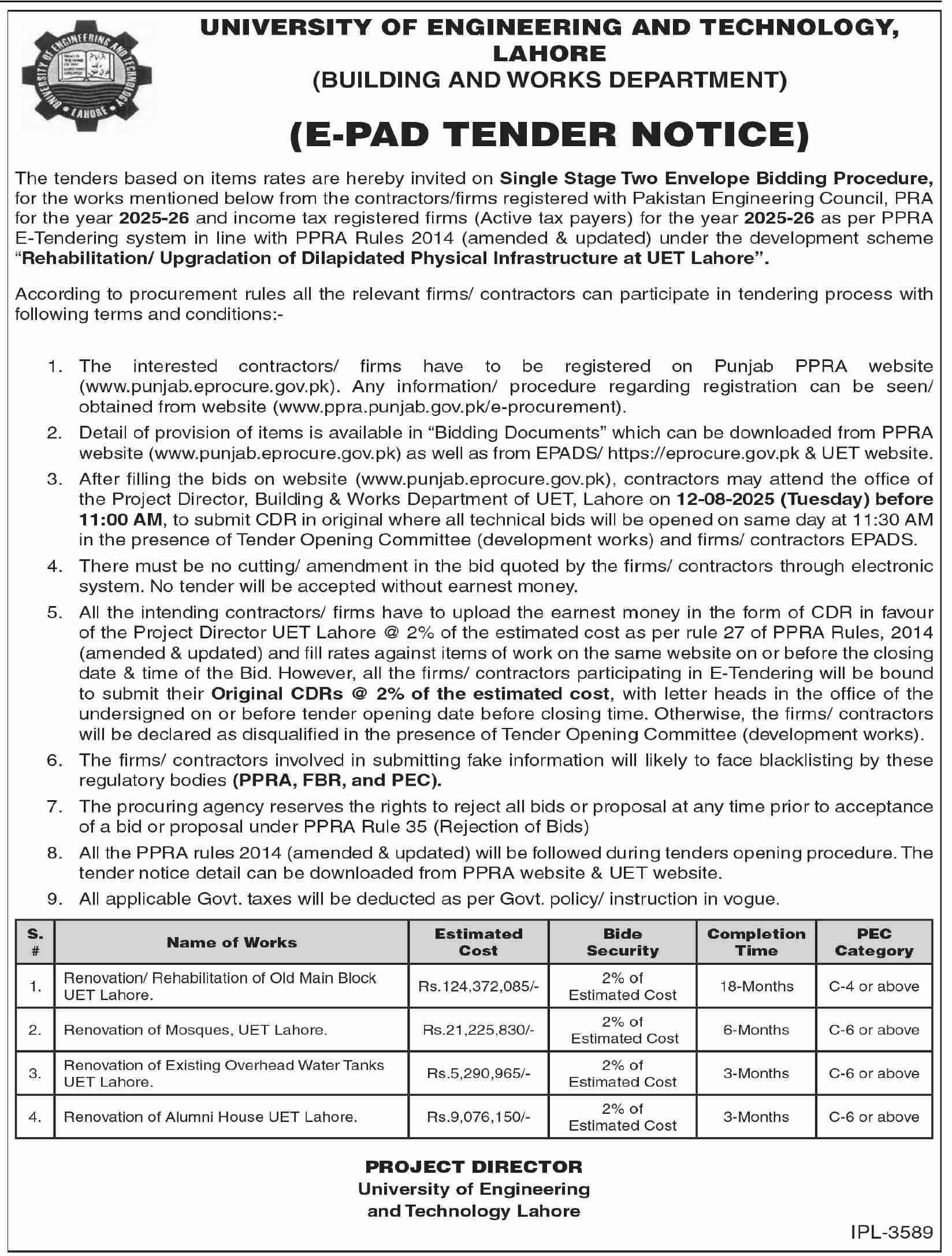 University of Engineering & Technology Lahore Tender Notice